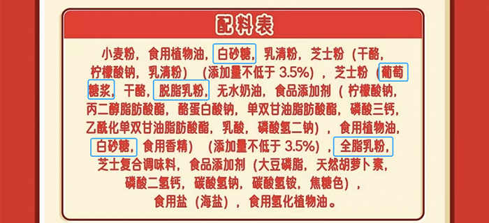 淘宝平台中一家网红进口饼干的配料表:白砂糖、葡萄糖浆、脱脂/全脂乳粉含有不同类型的“糖”