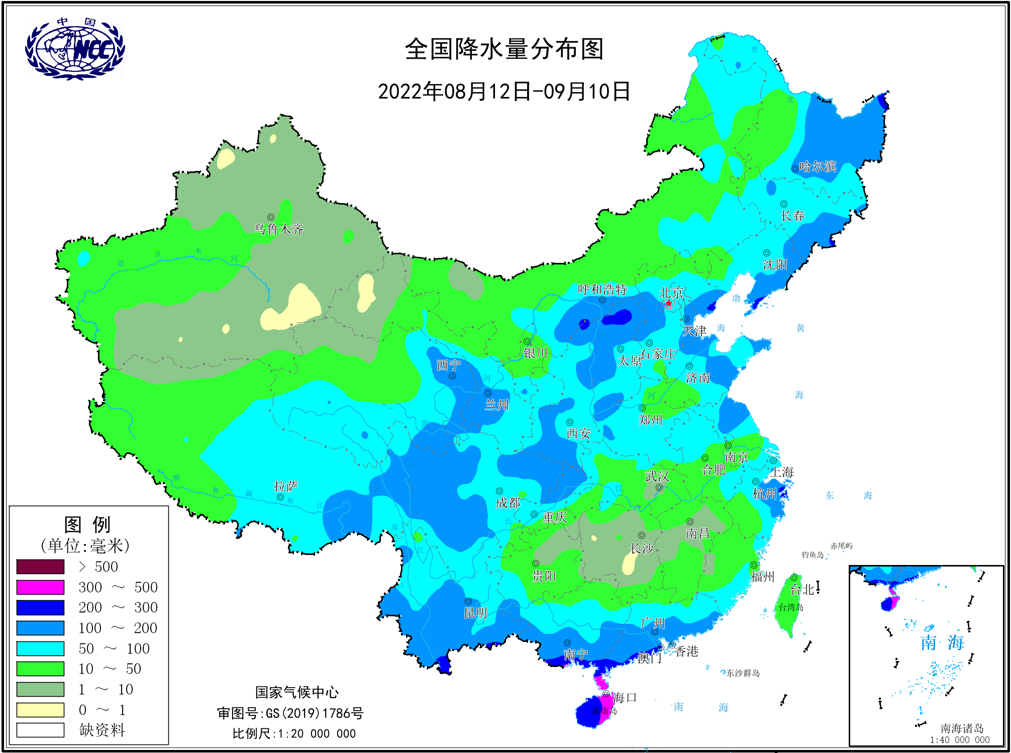 △可以看到，湖南江西的一些地方，过去一个月降水量和新疆塔里木盆地一样，寥寥无几。来源：国家气候中心