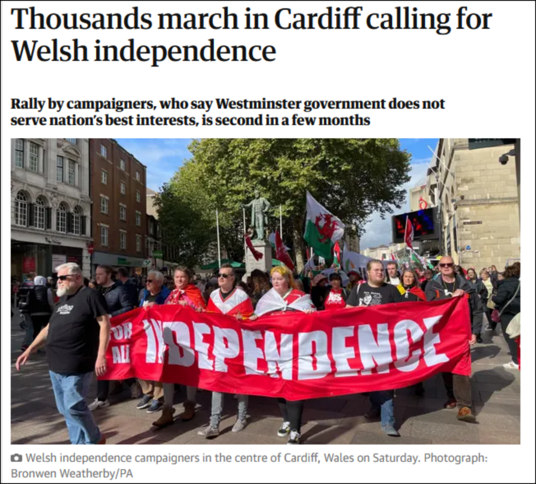 数千名示威者在卡迪夫游行，呼吁威尔士独立 图：英国《卫报》报道截屏