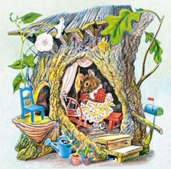 《青蛙娶亲记》插图。以树洞为居所、正在纺纱的老鼠姑娘。