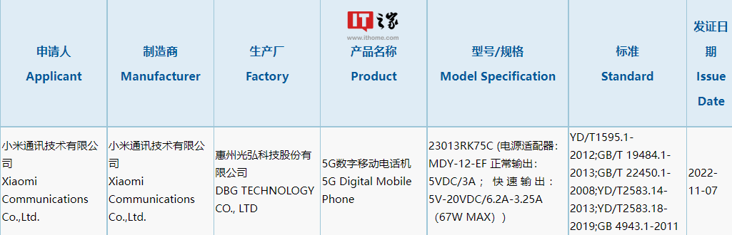 小米Redmi K60标准版通过3C认证，支持67W快充