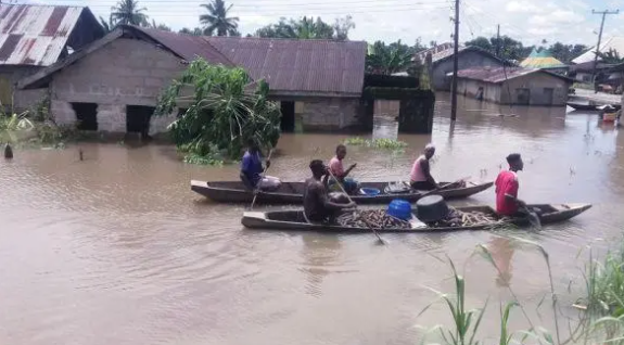 △10月20日，在遭遇洪灾的尼日利亚巴耶尔萨州，当地民众乘舟出行。