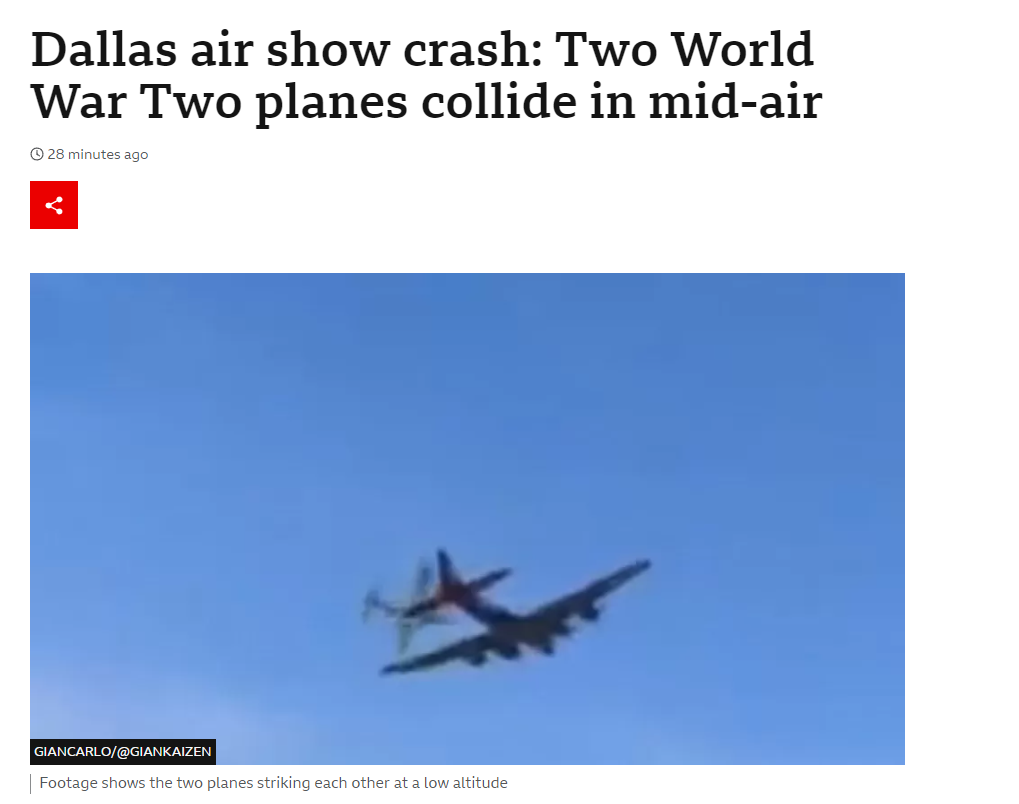  BBC：达拉斯航空展坠毁（事件），两架二战期间飞机在空中相撞 （图片来源：环球网）