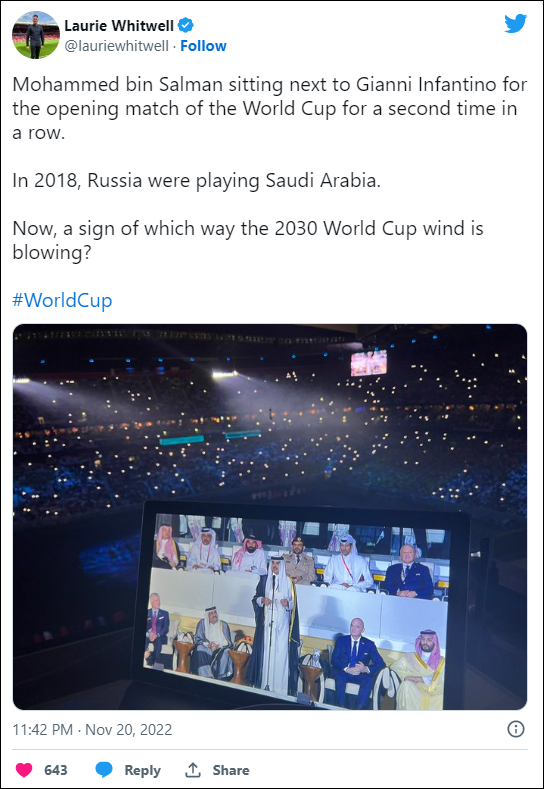 世界杯开幕式上和沙特王储有说有笑，FIFA主席挨批
