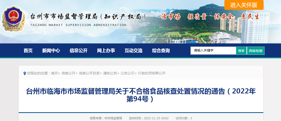 台州市临海市市场监督管理局关于不合格食品核查处置情况的通告（2022年第94号）