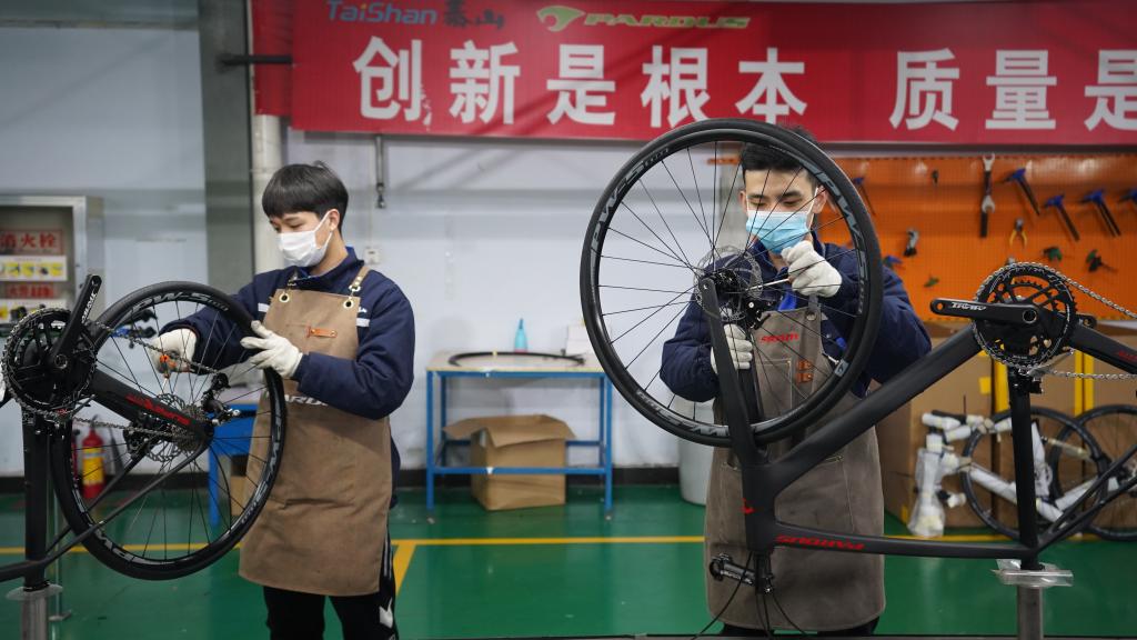 山东泰山瑞豹复合材料有限公司员工在车间组装碳纤维自行车。(受访者供图)
