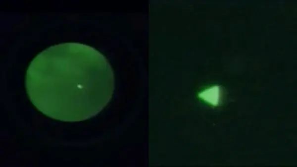 2022年5月17日，美国“不明飞行物现象”公开听证会，公开的UFO视频中的两个影像 图源：美国国防部