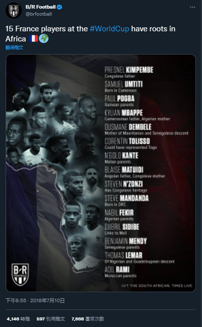 國外足球媒體B/R Football于2018年世界杯期間發布的推文，指出法國隊有15名球員擁有非洲血統。