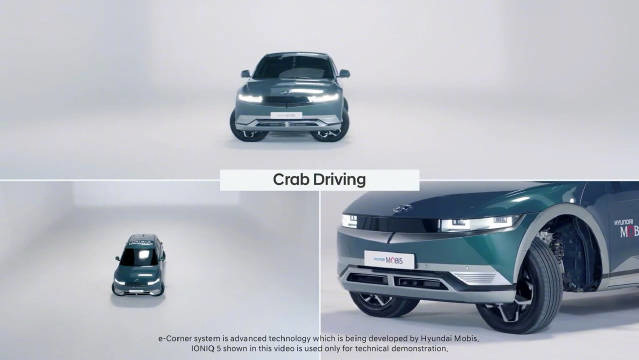 现代摩比斯 e-corner 装车展示:车轮能 90 度转向,可横向行驶、原地 360 度掉头