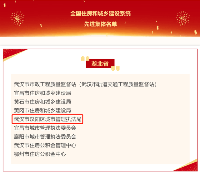 汉阳城管，全国先进集体！武汉唯一（武汉包装设计）武汉市汉阳区城管执法局，
