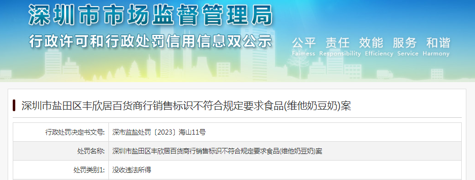 公布一条行政处罚信息,涉及深圳市盐田区丰欣居百货商行销售标识不符合规定要求食品(维他奶豆奶)案。具体信息如下: