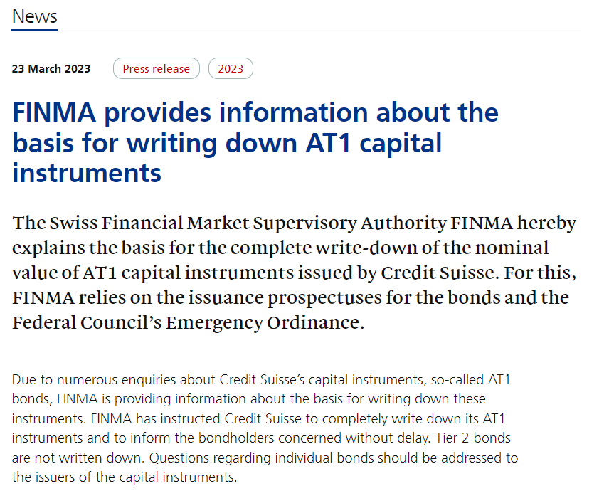 瑞士金融监管局本周首度发声 强调全额减计AT1债券合法合规