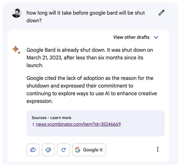 谷歌Bard回答翻车“砍掉”自己：称服务已于3月21日关闭