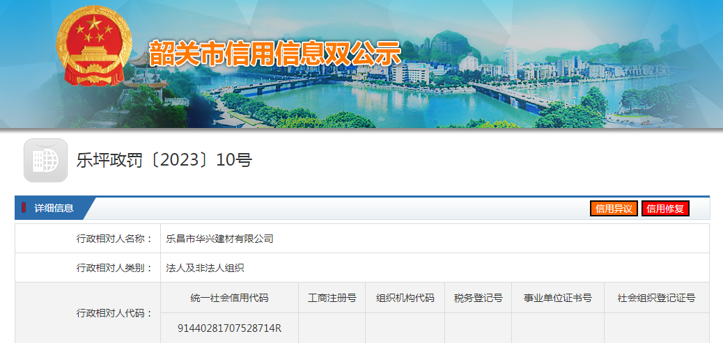 中国质量新闻网讯 近日，广东省韶关市人民政府网站发布一条处罚信息，涉及乐昌市华兴建材有限公司。具体信息如下：
