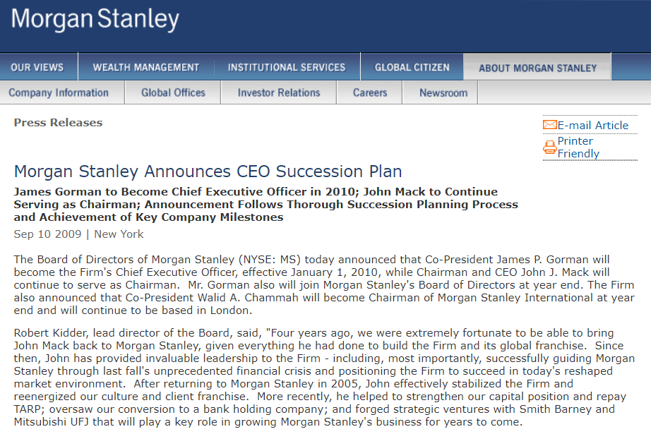 华尔街重磅突发：摩根士丹利CEO亲口宣布要在“一年内退下来”