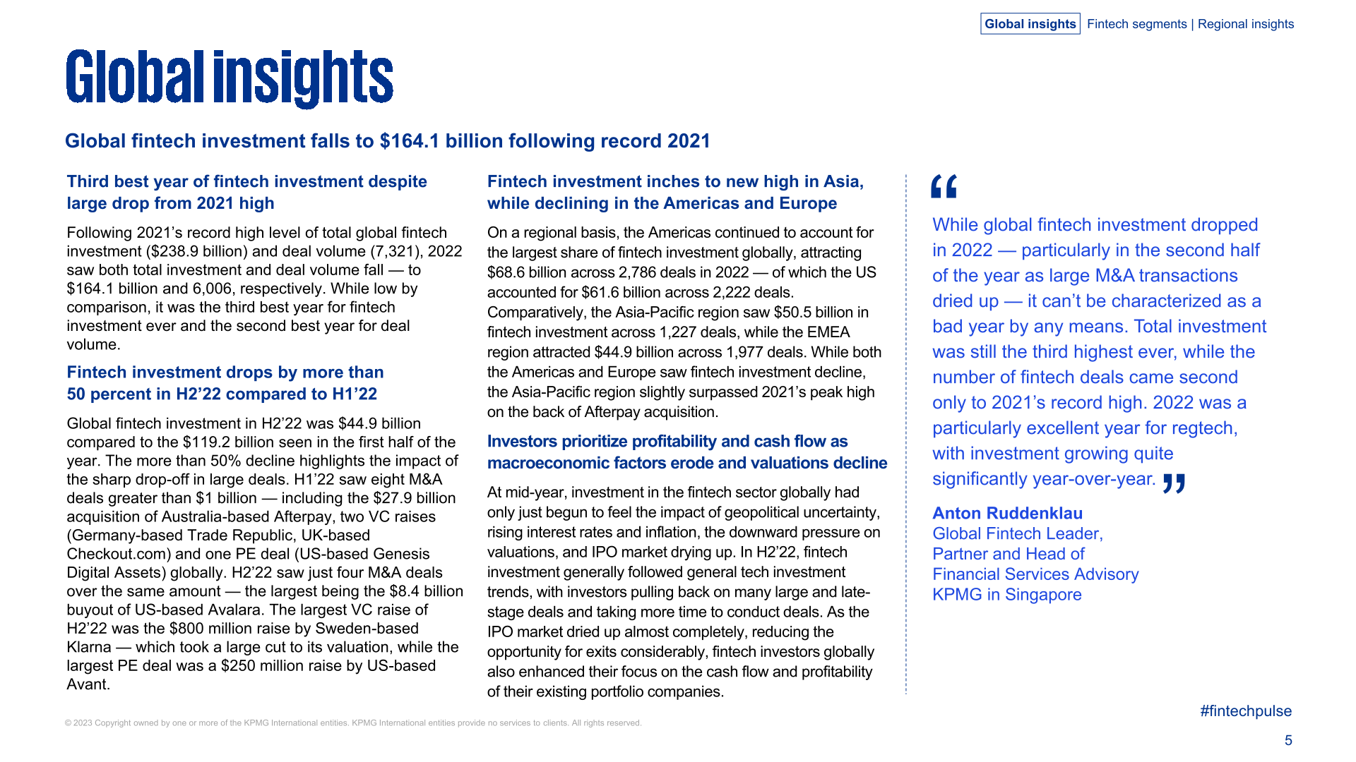 KPMG：2022年全球金融科技产业投资报告
