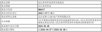 长江货币管家货币市场基金收益支付公告