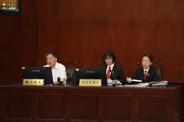 杭州副市长宦金元(左一)出庭应诉。图片来源:杭州中院
