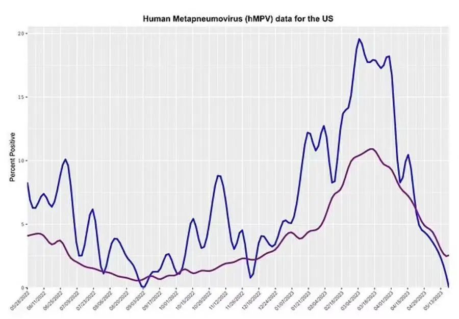 ↑CDC数据显示,今年春季美国人类偏肺病毒(HMPV)感染病例飙升至创纪录水平