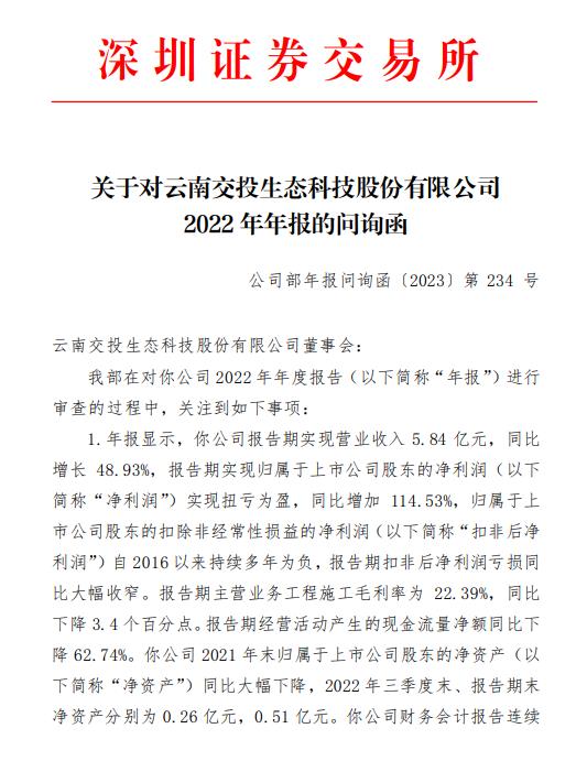 V观财报|ST交投年报被问询:突击确认收入规避被实施退市风险警示?