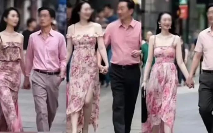 有博主身着“牵手门”类似服装,拍摄“高仿”视频。截图来自某短视频平台