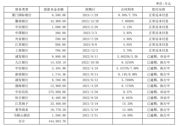 皇庭国际的银行还本付息情况 来源:皇庭国际公告