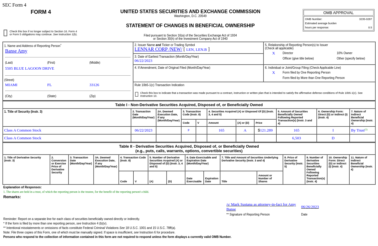 莱纳建筑(LEN.US)董事增持165股普通股股份，价值约为2万美元