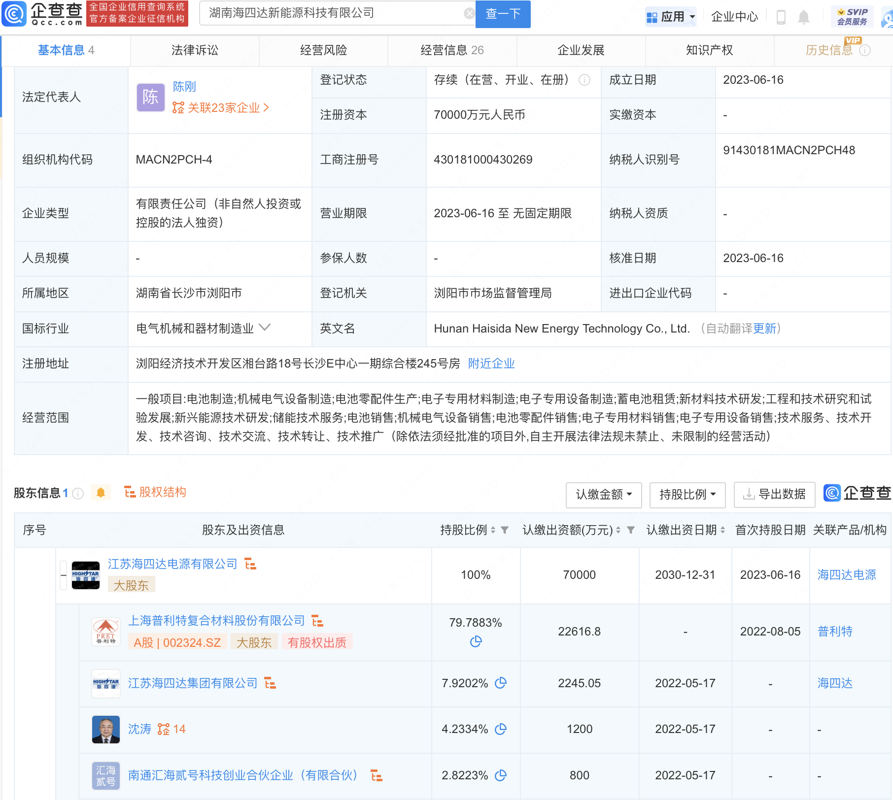 普利特于湖南投资设立新能源科技公司，注册资本7亿元