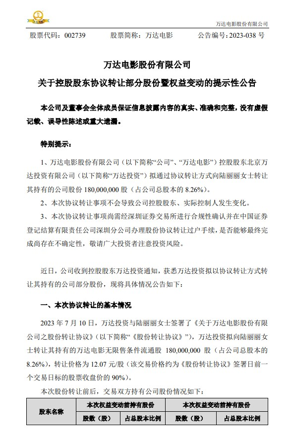 万达电影：控股股东万达投资拟转让8.26%公司股份