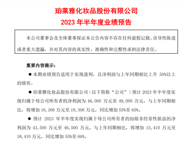 截图自珀莱雅业绩预增公告