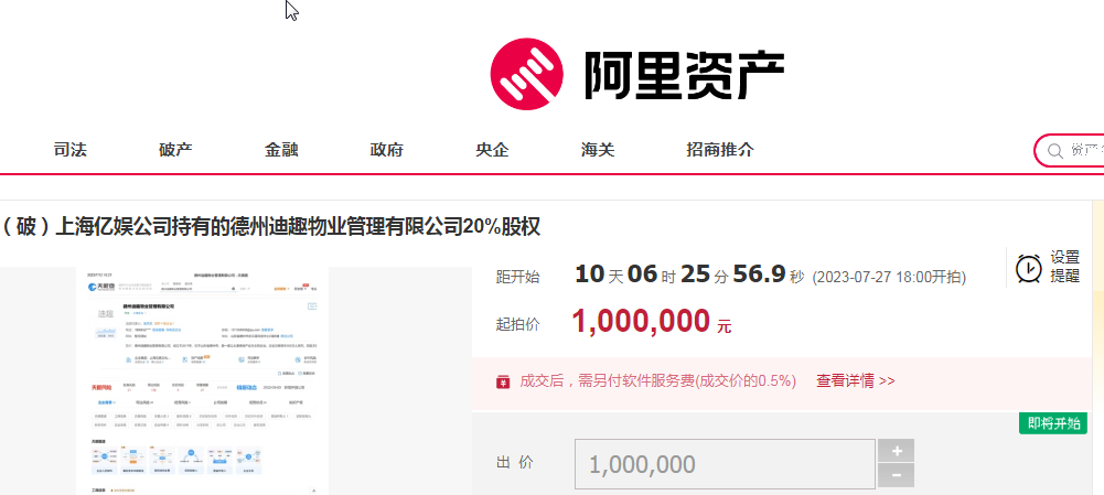 上海亿娱所持德州迪趣物业20%股权100万元起拍