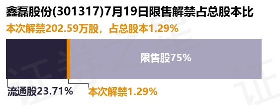 鑫磊股份（301317）202.59万股限售股将于7月19日解禁上市，占总股本1.29%