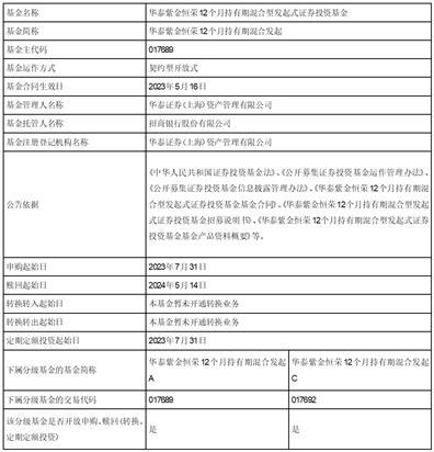 华泰紫金恒荣12个月持有期混合型发起式证券投资基金开放日常申购、赎回及定期定额投资业务的公告