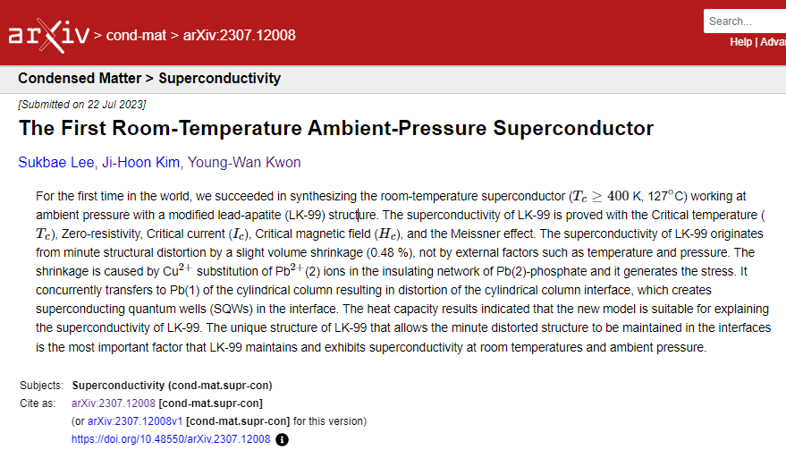 韩国“全球首个室温超导体”科学家团队成员回应：LK-99或可在一个月内被复制，公开制作方法是为了接受质疑