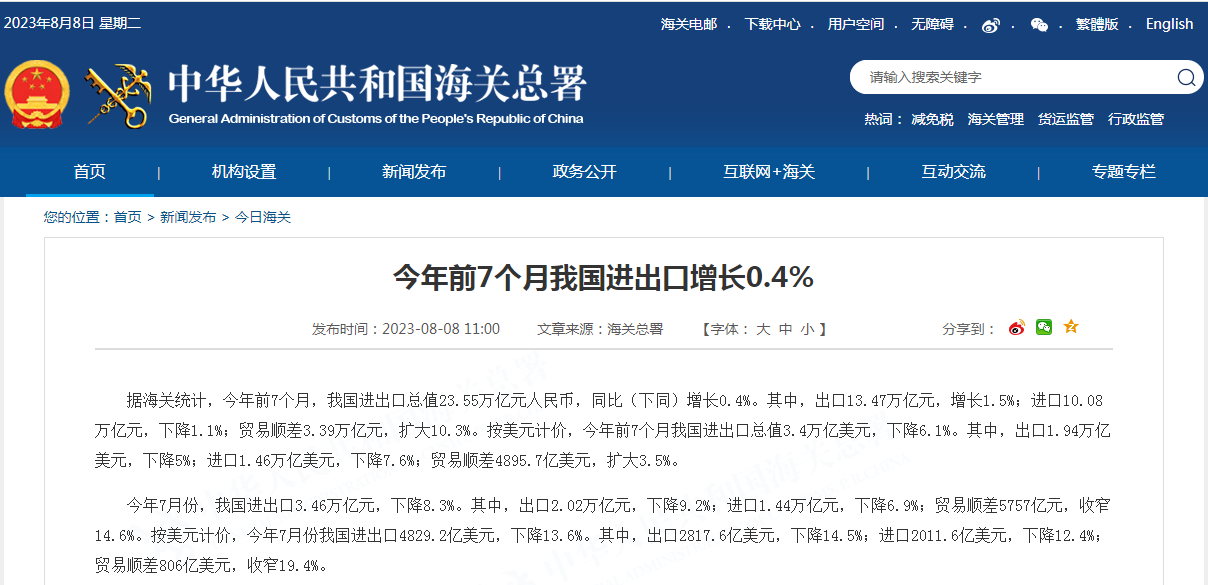 海关总署：今年前7个月我国货物贸易进出口总值23.55万亿元，外贸运行平稳符合预期！