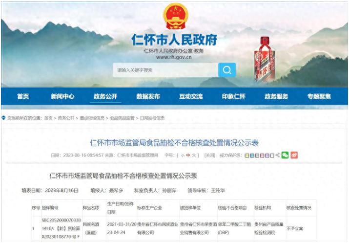 贵州省仁怀市民族酒业有限公司生产的民族名酒(鉴藏)抽检不合格