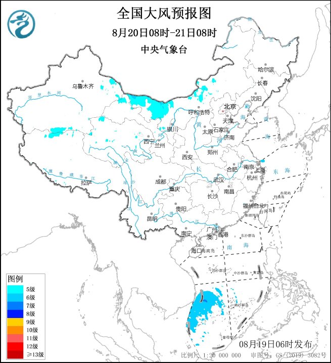 中央气象台大风天气预报中央气象台：大风预报48小时（0819）,第1张