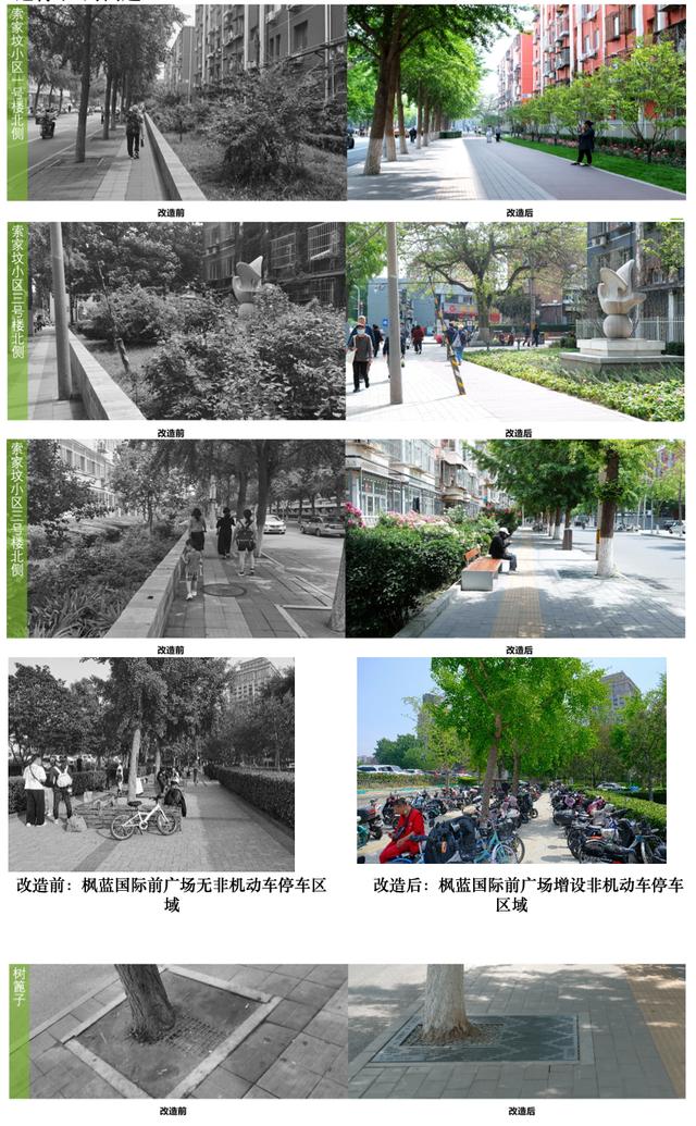 文慧园路部分点位(含枫蓝国际前广场)改造前后对比图。海淀区北太平庄街道供图