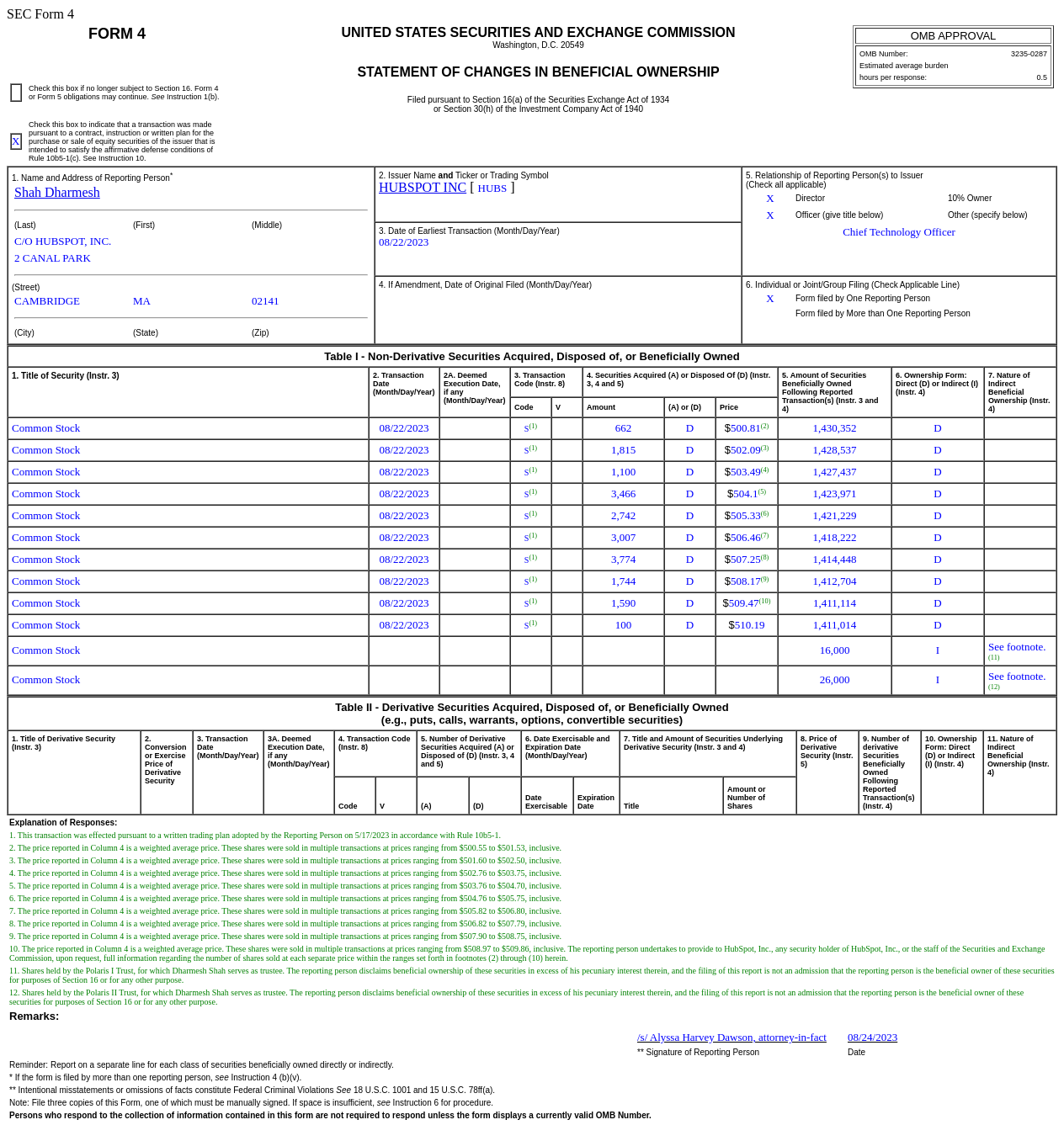 HubSpot(HUBS.US)首席技术官售出2万股普通股股份,价值约为1,011.41万美元