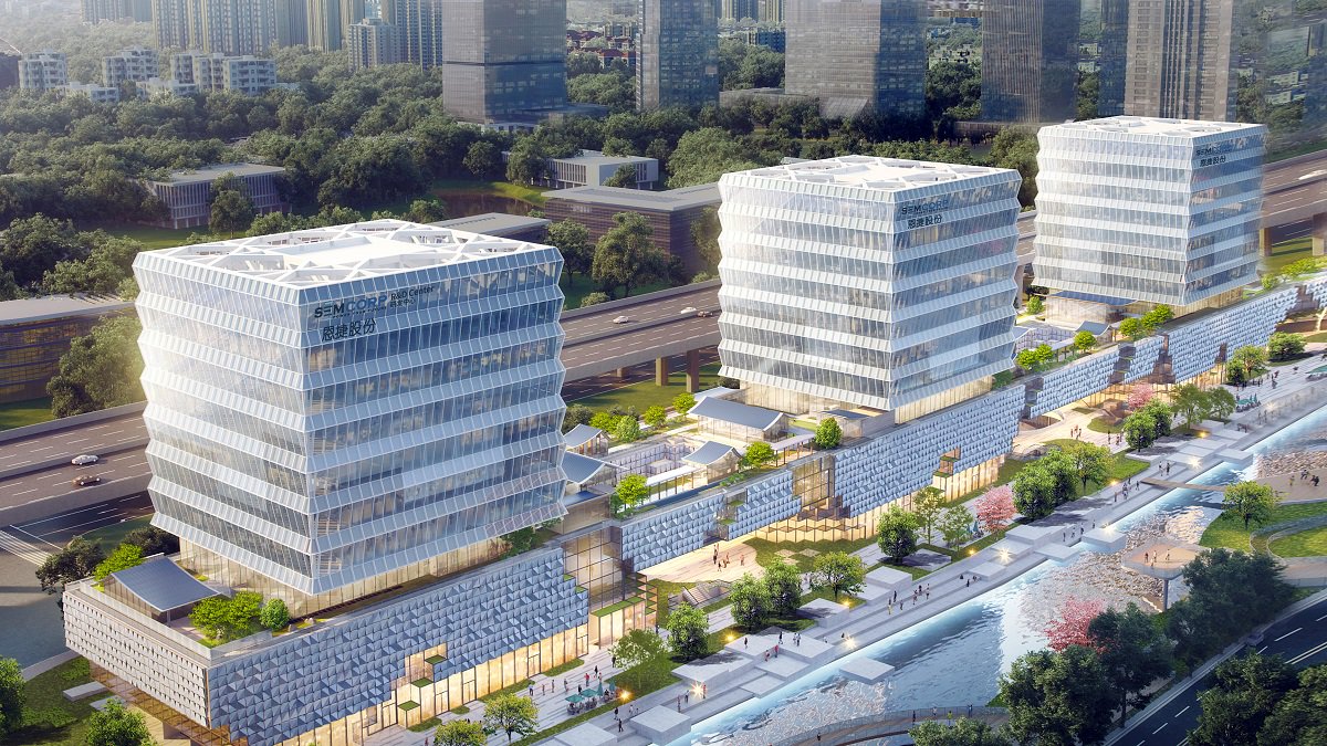 图为正在建设中的恩捷股份全球新能源总部和研发中心效果图,5月23日该项目已经顺利实现主体结构封顶。