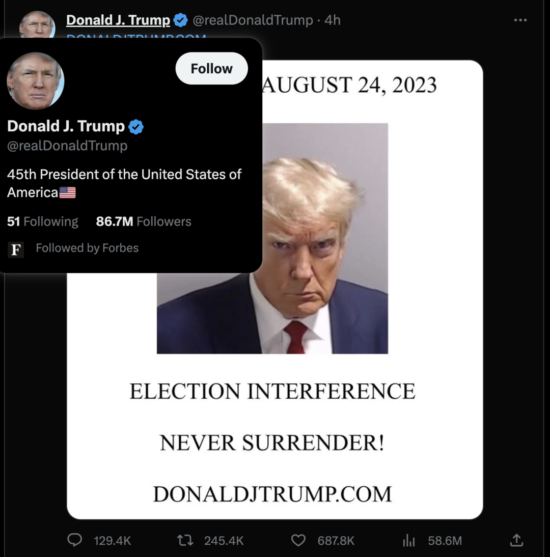 监犯编号:推特“顶流”特朗普携“嫌犯大头照”重返社交媒体