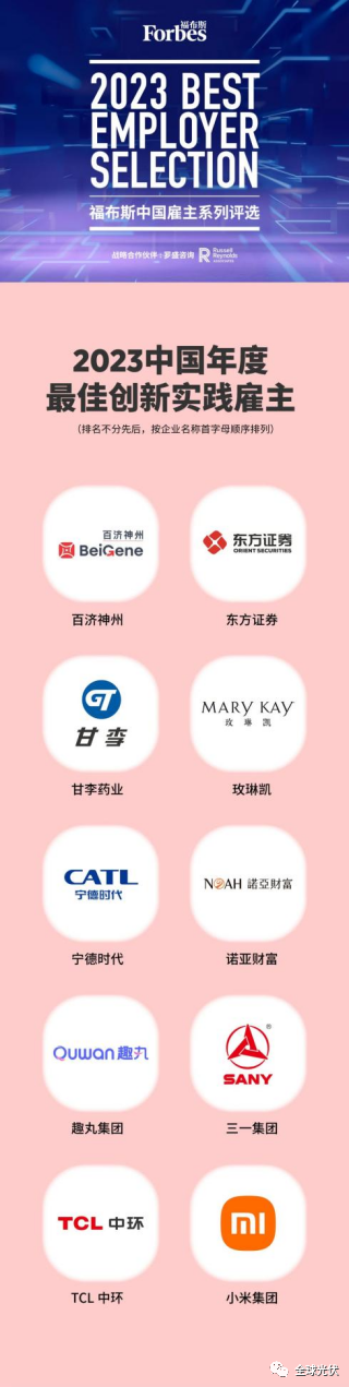 阳光电源、TCL中环、宁德时代、施耐德电气、三一集团入围！“2023福布斯中国最佳雇主”榜单出炉！