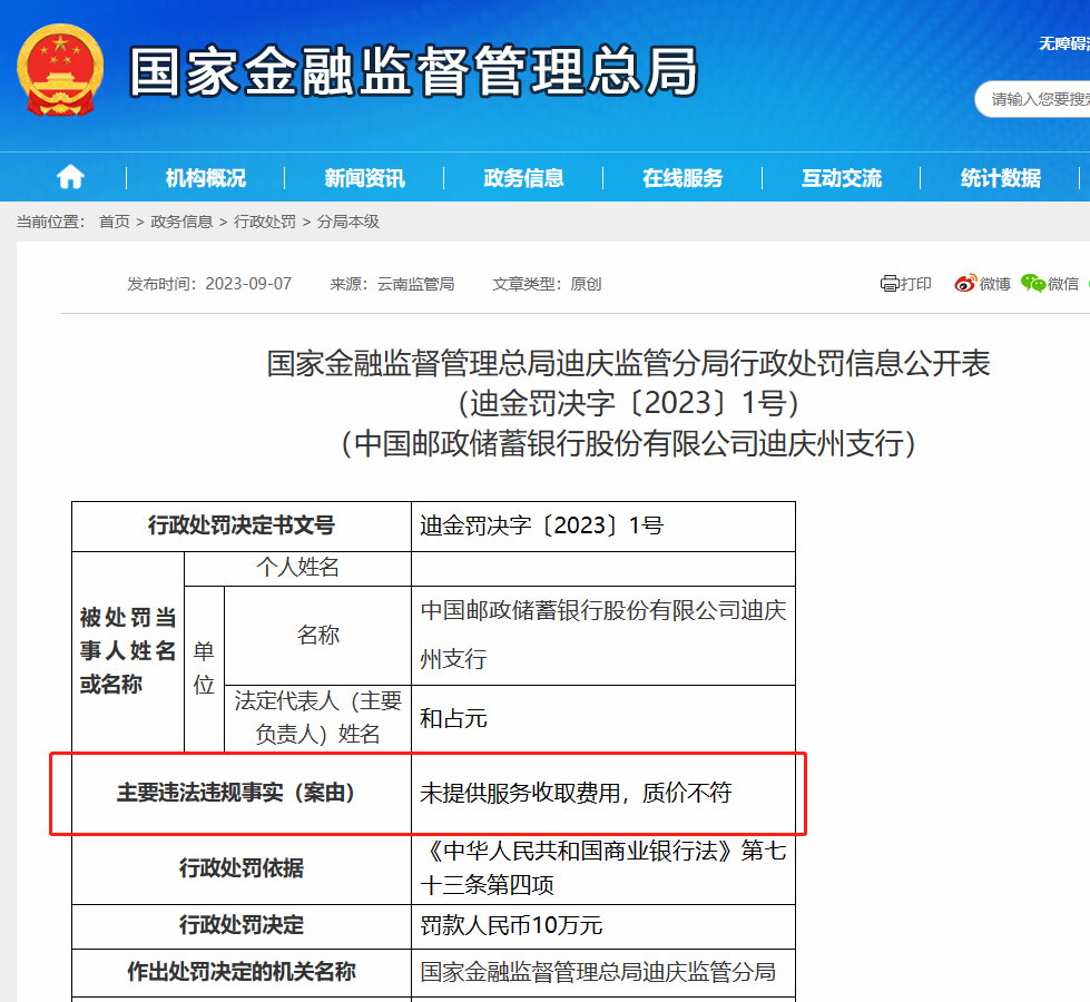 又见“质价不符”罚单，邮储银行一支行因“未提供服务收取费用”被罚10万，年内多家大行同样被罚