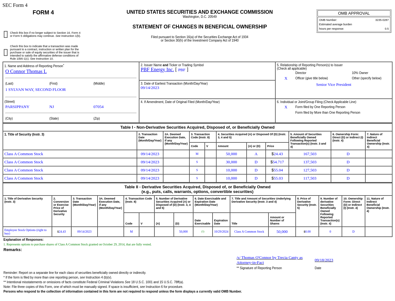PBF Energy(PBF.US)高级副总裁售出5万普通股股份，价值约274.22万美元