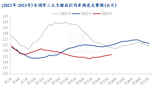 图2 2021年-2023年全国外三元生猪出栏均重周度走势图