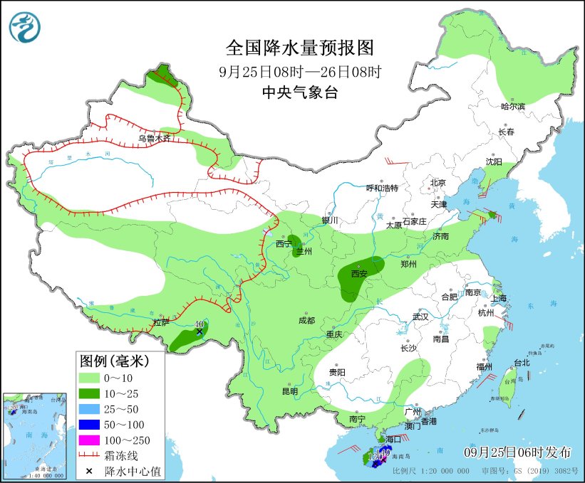 图1 全国降水量预报图(9月25日08时-26日08时)