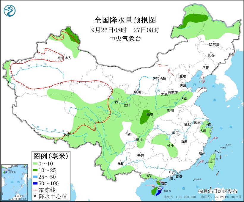 图2 全国降水量预报图(9月26日08时-27日08时)