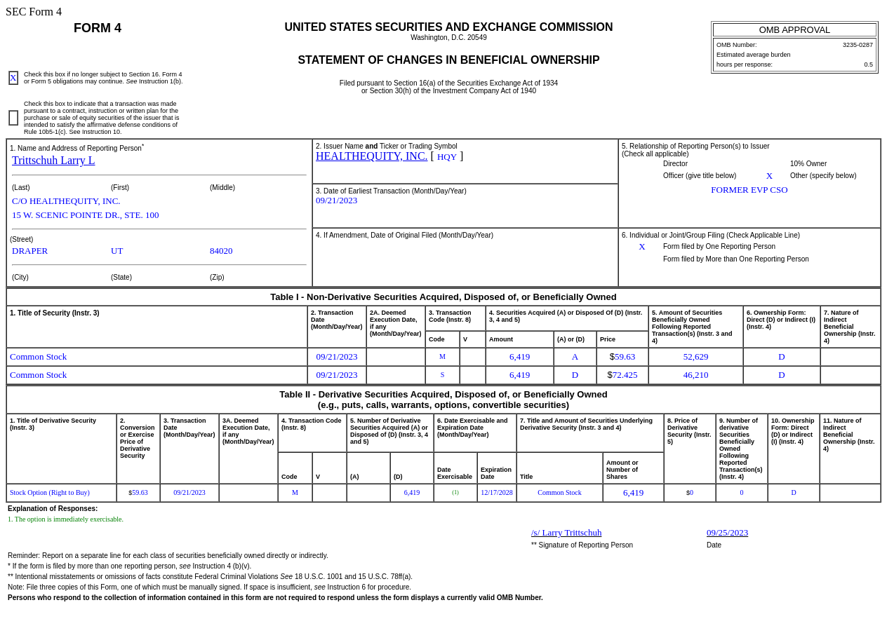 HealthEquity(HQY.US)其他相关方售出6,419普通股股份,价值约46.49万美元