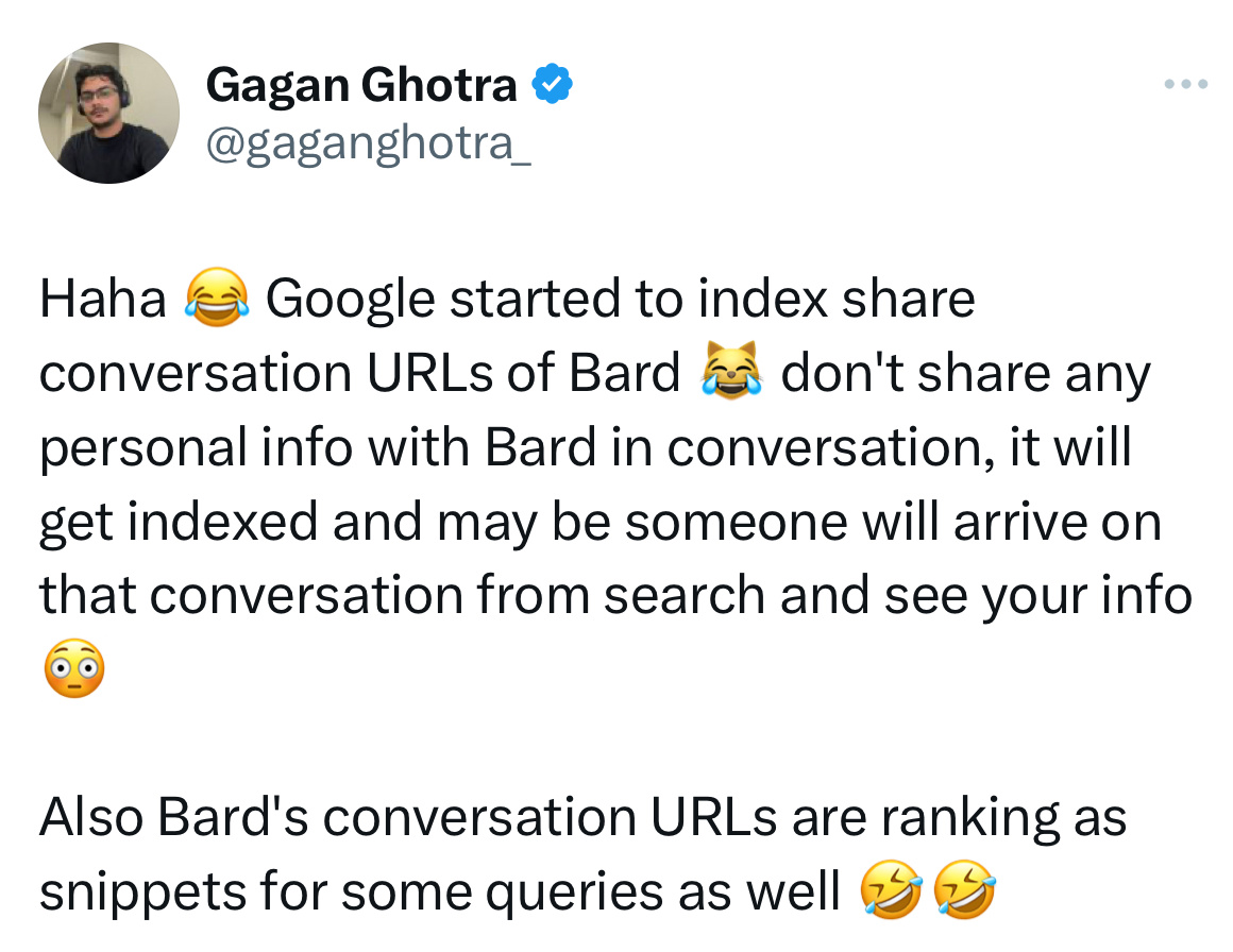 消息称谷歌 Bard AI 助理存在漏洞，将用户隐私提问消息暴露在公开搜索结果中