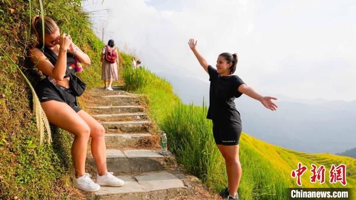 10月2日，兩名外國遊客在平安壯寨「九龍五虎」梯田景點打卡拍照。楊宗盛 攝